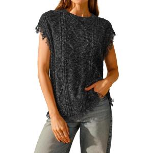 Arach&Cloz Women’s Cozy Cotton Fringe Cable Knit Western Outfits Fall Sweater Vests 2025(Black Heather)