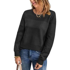 Arach&Cloz Womens Fall Sweaters 2024 Crochet Crew Neck Long Sleeve Knit Tops Pullover Fashion Clothes Outfits(Black)