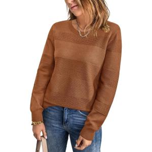 Arach&Cloz Womens Fall Sweaters 2024 Crochet Crew Neck Long Sleeve Knit Tops Pullover Fashion Clothes Outfits(Caramel)
