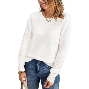 Arach&Cloz Womens Fall Sweaters 2024 Crochet Crew Neck Long Sleeve Knit Tops Pullover Fashion Clothes Outfits(Off-white)