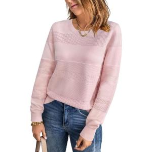 Arach&Cloz Womens Fall Sweaters 2024 Crochet Crew Neck Long Sleeve Knit Tops Pullover Fashion Clothes Outfits(Pink)