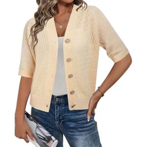 Arach&Cloz Womens Lightweight Cardigan Short Sleeve Shrugs Button Crochet Knit Fashion Sweaters Tops Cozy Clouds(Apricot)