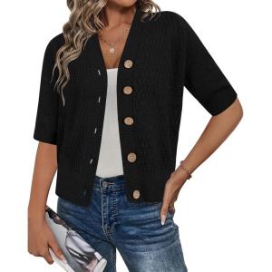 Arach&Cloz Womens Lightweight Cardigan Short Sleeve Shrugs Button Crochet Knit Fashion Sweaters Tops Cozy Clouds(Black)