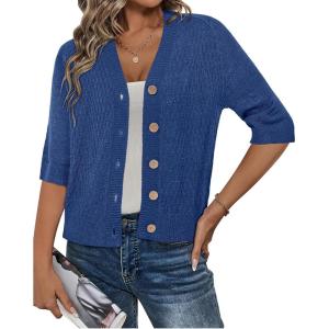 Arach&Cloz Womens Lightweight Cardigan Short Sleeve Shrugs Button Crochet Knit Fashion Sweaters Tops Cozy Clouds(Blue)