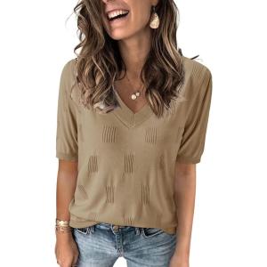 Arach&Cloz Women’s Lightweight Fall Sweater Tops Casual Short Sleeve Blouses Shirts(Az-apricot)