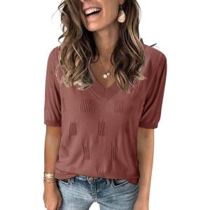 Arach&Cloz Women’s Lightweight Fall Sweater Tops Casual Short Sleeve Blouses Shirts(Az-dusty Red)