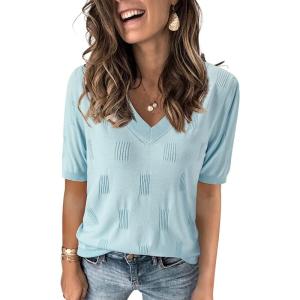 Arach&Cloz Women’s Lightweight Fall Sweater Tops Casual Short Sleeve Blouses Shirts(Az-light Blue)