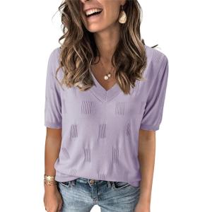 Arach&Cloz Women’s Lightweight Fall Sweater Tops Casual Short Sleeve Blouses Shirts(Az-light Purple)