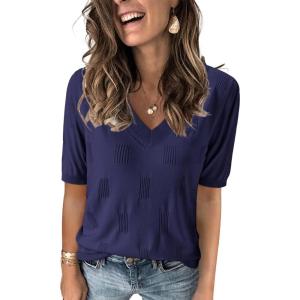 Arach&Cloz Women’s Lightweight Fall Sweater Tops Casual Short Sleeve Blouses Shirts(Az-navy)