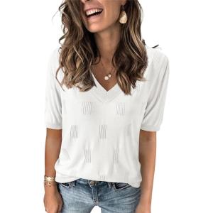 Arach&Cloz Women’s Lightweight Fall Sweater Tops Casual Short Sleeve Blouses Shirts(Az-off White)