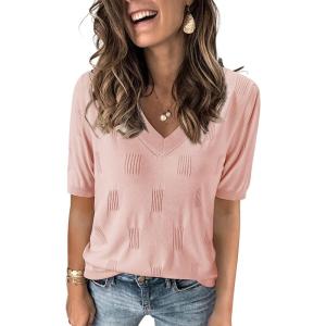 Arach&Cloz Women’s Lightweight Fall Sweater Tops Casual Short Sleeve Blouses Shirts(Az-pink)