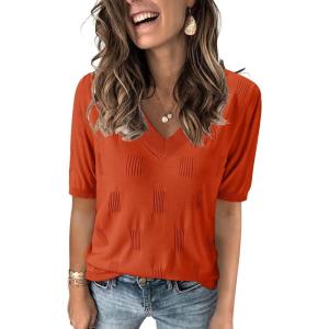 Arach&Cloz Women’s Lightweight Fall Sweater Tops Casual Short Sleeve Blouses Shirts(Az-rust)