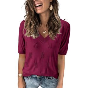 Arach&Cloz Women’s Lightweight Fall Sweater Tops Casual Short Sleeve Blouses Shirts(Az-wine)