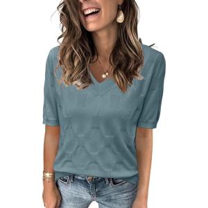Arach&Cloz Women’s Lightweight Fall Sweater Tops Casual Short Sleeve Blouses Shirts(B-grey Blue)