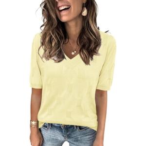 Arach&Cloz Women’s Lightweight Fall Sweater Tops Casual Short Sleeve Blouses Shirts(B-light Yellow)
