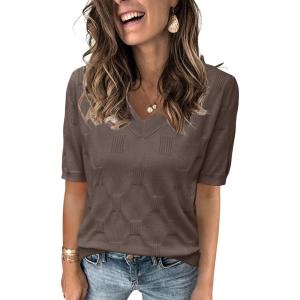 Arach&Cloz Women’s Lightweight Fall Sweater Tops Casual Short Sleeve Blouses Shirts(B-nutmeg)