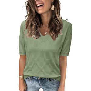 Arach&Cloz Women’s Lightweight Fall Sweater Tops Casual Short Sleeve Blouses Shirts(B-sage Green)