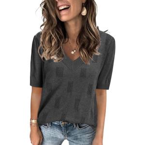 Arach&Cloz Women’s Lightweight Fall Sweater Tops Casual Short Sleeve Blouses Shirts(Heather Grey)