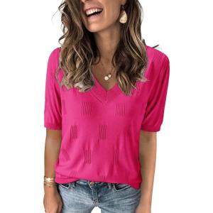 Arach&Cloz Women’s Lightweight Fall Sweater Tops Casual Short Sleeve Blouses Shirts(Hot Pink)