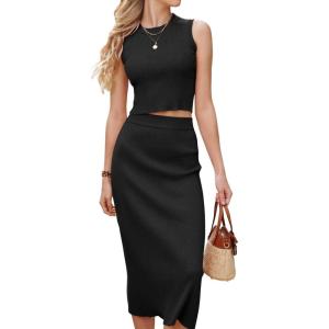 Arach&Cloz Women’s Non See Through 2 Piece Sets Early Fall Tank Top and Midi Skirt Knit Outfits(Black)