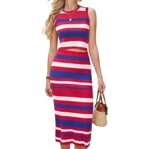 Arach&Cloz Women’s Non See Through 2 Piece Sets Early Fall Tank Top and Midi Skirt Knit Outfits(Dark Red-navy)