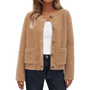 Arach&Cloz Women’s Open Front Cardigan Sweaters Fall Fashion Button Down Knit Chunky Outwear Coats with Pockets(Khaki)