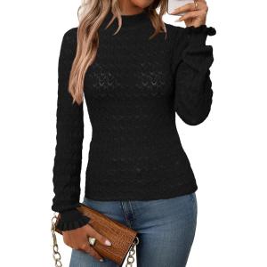 Arach&Cloz Womens Silk Wool Blend Lace Mock Neck Slim Fitted Sweater Trendy 2025(Black)