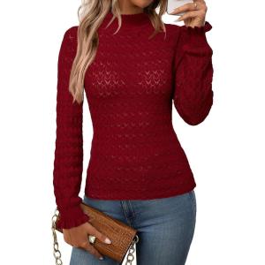 Arach&Cloz Womens Silk Wool Blend Lace Mock Neck Slim Fitted Sweater Trendy 2025(Dark Red)