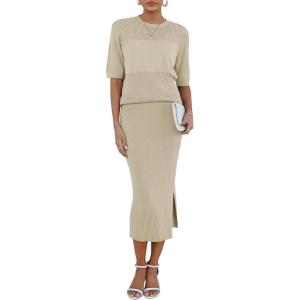 Arach&Cloz Women’s Soft 2 Piece Sets Summer Crochet Top and Midi Slit Skirt Outfits 2025(Apricot)
