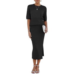 Arach&Cloz Women’s Soft 2 Piece Sets Summer Crochet Top and Midi Slit Skirt Outfits 2025(Black)