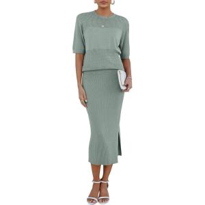 Arach&Cloz Women’s Soft 2 Piece Sets Summer Crochet Top and Midi Slit Skirt Outfits 2025(Grey Green)