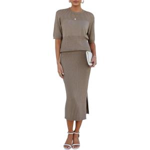 Arach&Cloz Women’s Soft 2 Piece Sets Summer Crochet Top and Midi Slit Skirt Outfits 2025(Pale Brown)