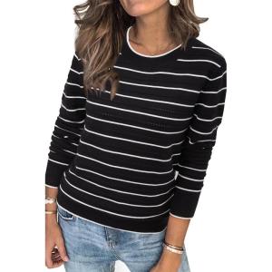 Arach&Cloz Women’s Soft Knit Sweater Fall Dressy Casual Pullover Tops(Striped Black White)