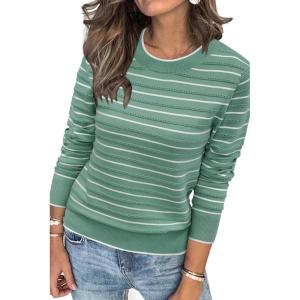 Arach&Cloz Women’s Soft Knit Sweater Fall Dressy Casual Pullover Tops(Striped Green White)