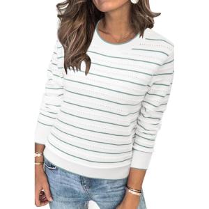 Arach&Cloz Women’s Soft Knit Sweater Fall Dressy Casual Pullover Tops(Striped White Green)