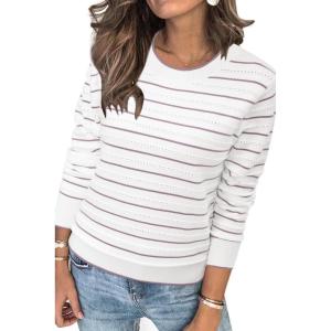 Arach&Cloz Women’s Soft Knit Sweater Fall Dressy Casual Pullover Tops(Striped White Purple)
