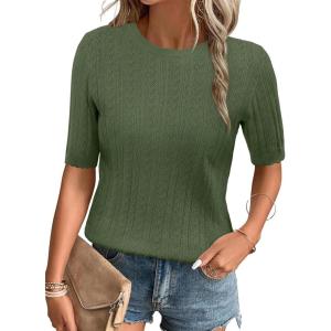 Arach&Cloz Women’s Summer Fall Scalloped Lace Cuff Crewneck Tops Textured Shirts(Army Green)