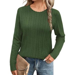 Arach&Cloz Women’s Summer Fall Scalloped Lace Cuff Crewneck Tops Textured Shirts(B-amry Green)