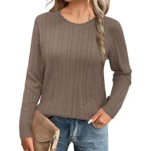 Arach&Cloz Women’s Summer Fall Scalloped Lace Cuff Crewneck Tops Textured Shirts(B-coffee)