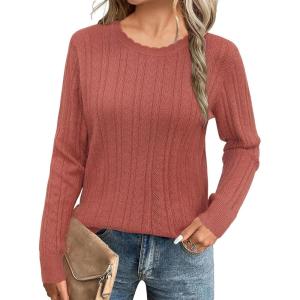 Arach&Cloz Women’s Summer Fall Scalloped Lace Cuff Crewneck Tops Textured Shirts(B-dusty Red)