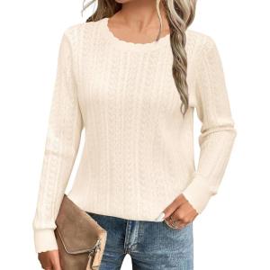 Arach&Cloz Women’s Summer Fall Scalloped Lace Cuff Crewneck Tops Textured Shirts(B-ivory Apricot)