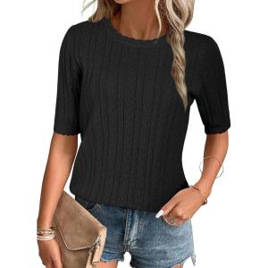 Arach&Cloz Women’s Summer Fall Scalloped Lace Cuff Crewneck Tops Textured Shirts(Black)