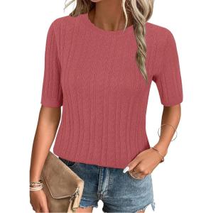 Arach&Cloz Women’s Summer Fall Scalloped Lace Cuff Crewneck Tops Textured Shirts(Dusty Red)