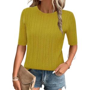 Arach&Cloz Women’s Summer Fall Scalloped Lace Cuff Crewneck Tops Textured Shirts(Gold Palm)