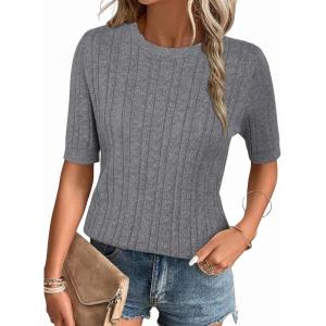 Arach&Cloz Women’s Summer Fall Scalloped Lace Cuff Crewneck Tops Textured Shirts(Grey)
