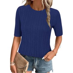 Arach&Cloz Women’s Summer Fall Scalloped Lace Cuff Crewneck Tops Textured Shirts(Navy Blue)