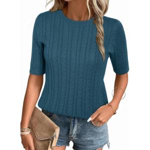 Arach&Cloz Women’s Summer Fall Scalloped Lace Cuff Crewneck Tops Textured Shirts(Peacock Blue)