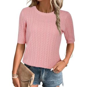 Arach&Cloz Women’s Summer Fall Scalloped Lace Cuff Crewneck Tops Textured Shirts(Pink)