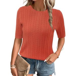 Arach&Cloz Women’s Summer Fall Scalloped Lace Cuff Crewneck Tops Textured Shirts(Rust Orange)