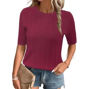 Arach&Cloz Women’s Summer Fall Scalloped Lace Cuff Crewneck Tops Textured Shirts(Wine Red)